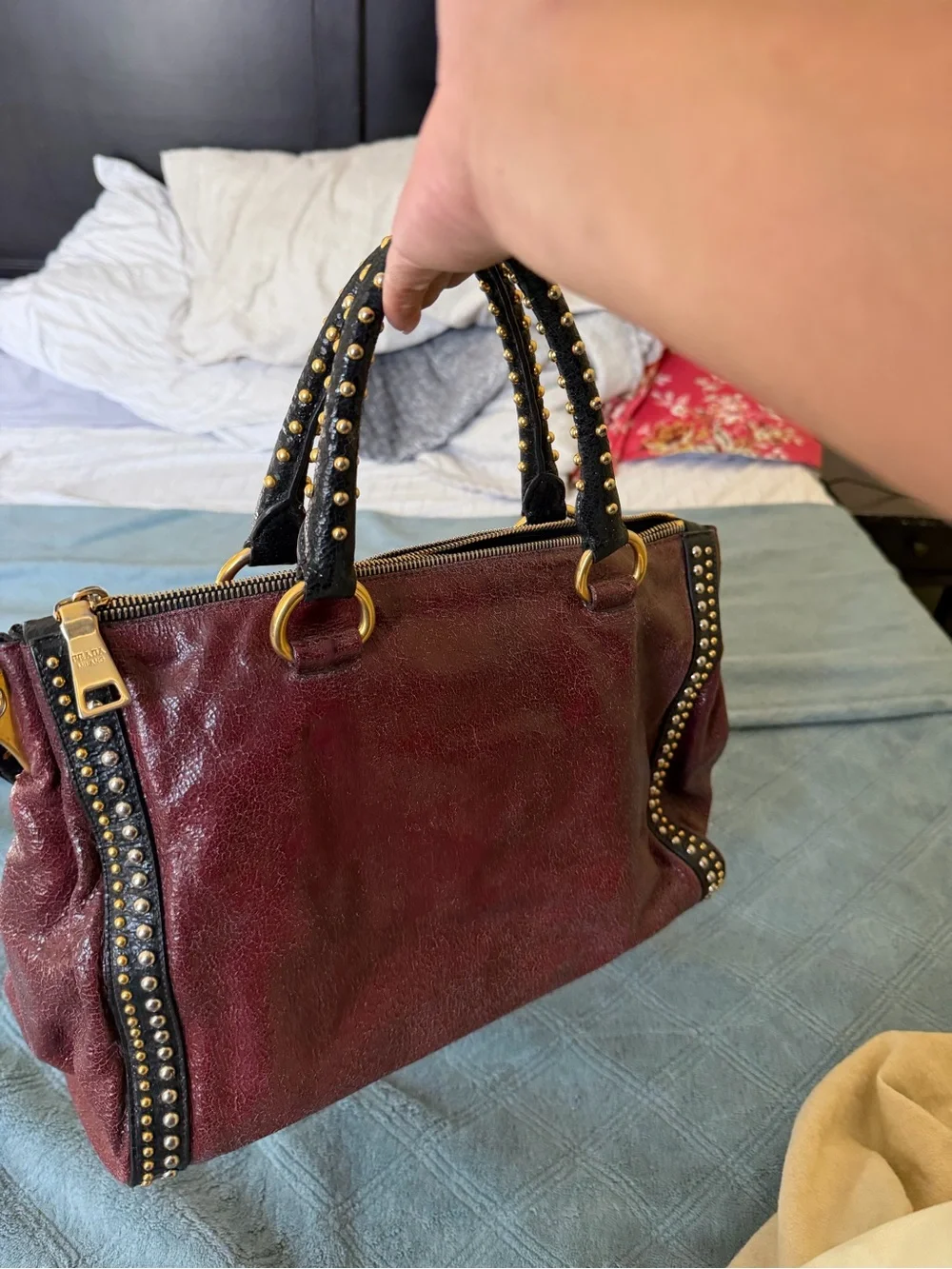 Prada Burgundy and Black Studded Leather Satchel in Distress leather